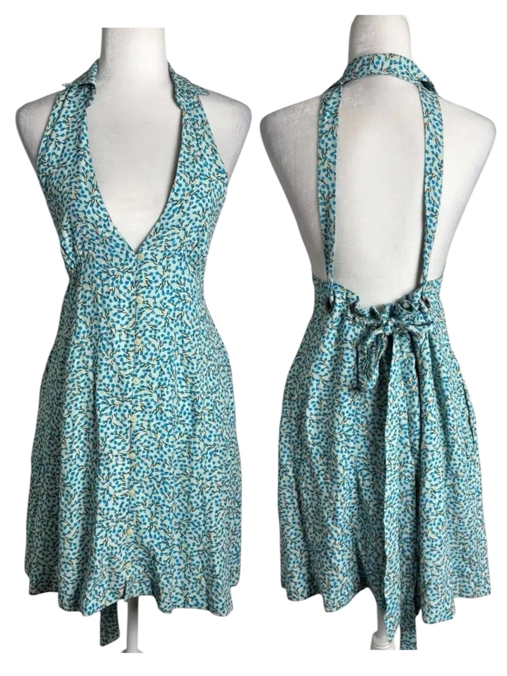 Free People C’est La Vie Collared Plunge Blue Floral Backless Wrap Mini Dress 2